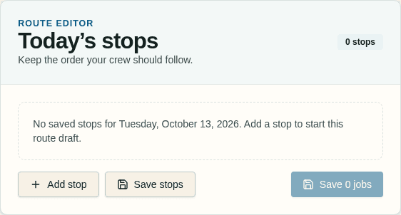 Current Mowswitch Daily Planner owner editor showing Today’s stops, an empty route draft, and controls to add or save stops.